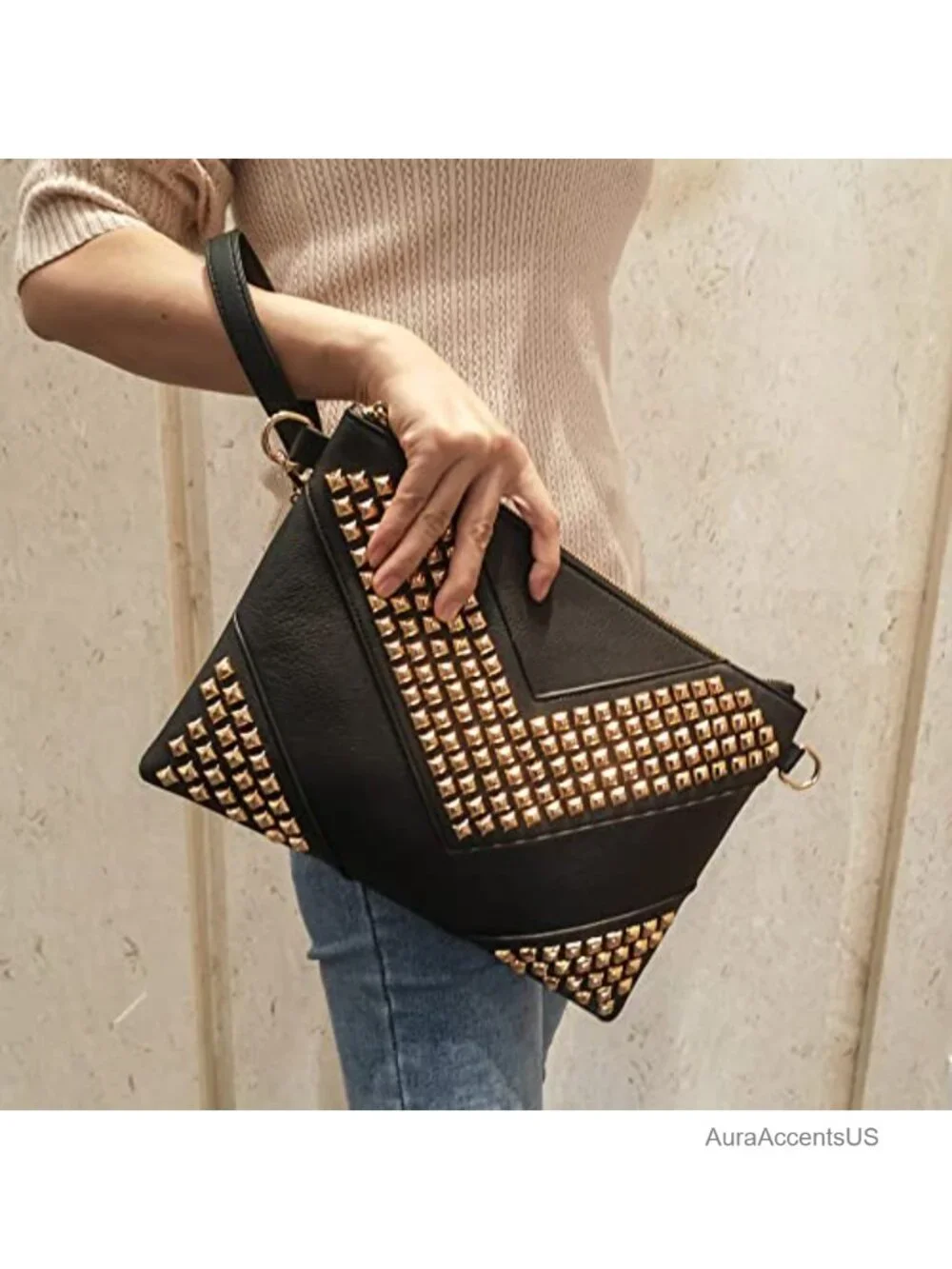 PU Leather Studded Oversized Clutch Crossbody Bag with Removable Strap